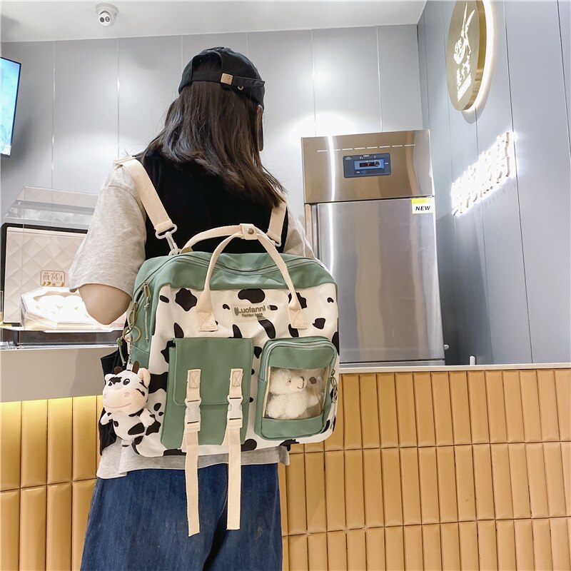 Back to College DCIMOR New Cow Print Multifunction Backpack Fashion Transparent Women Backpacks Teenage Girl Ring Buckle Small Schoolbag Bookbag