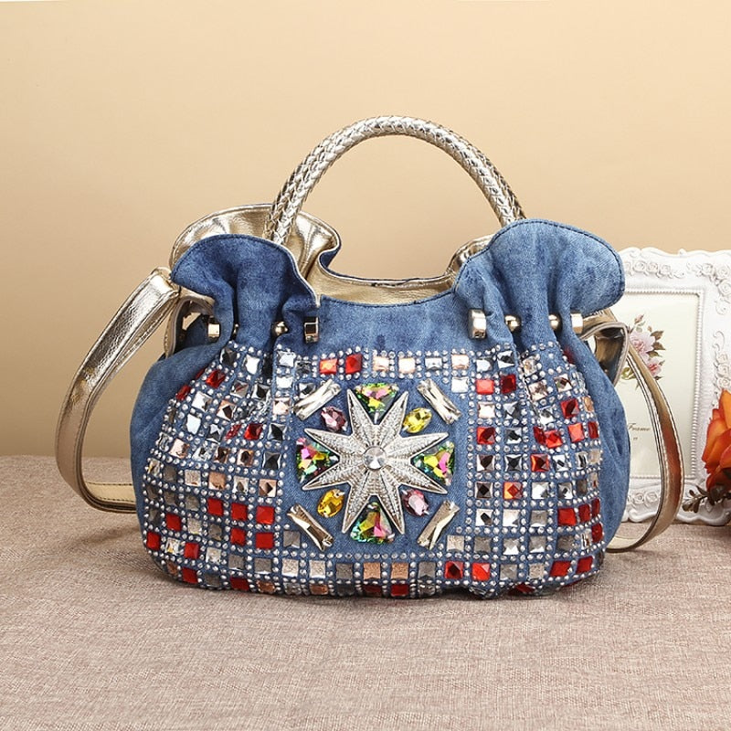 Vvsha Woman Denim Handbags Bags Luxury Diamond Rhinestone Shoulder Bags Fashion Blue Small Totes Bags Jean Bolsas Femininas