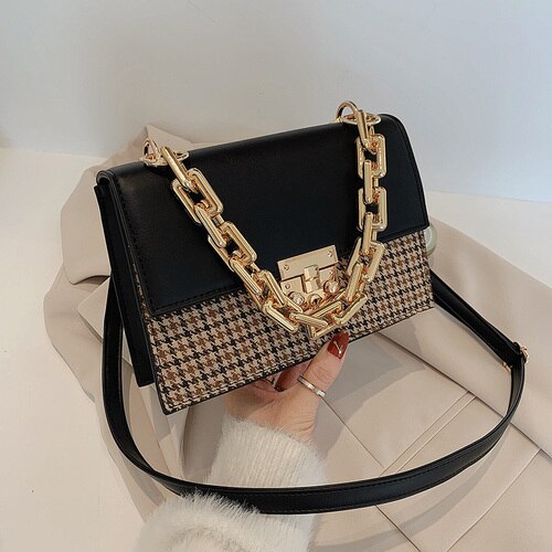 Houndstooth Thick Chain Square Tote Bag 2021 Fashion New High quality PU Leather Women Designer Handbag Shoulder Messenger Bag
