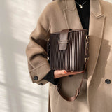 FANTASY 2021 Winter New Vintage Bucket Bags For Women Vertical Stripes PU Square Handbags Female Hot Sale Shoulder Crossbody Bag