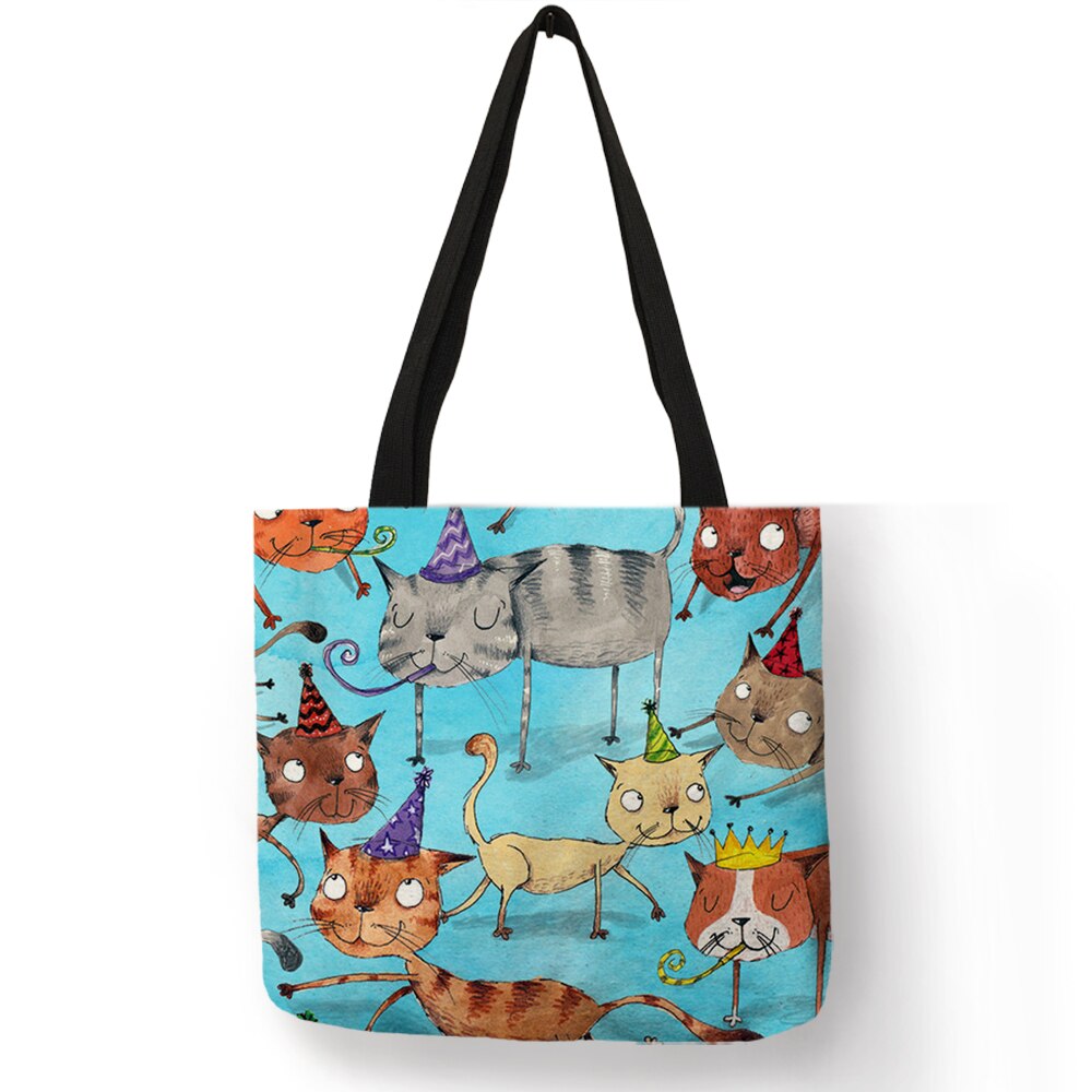 Christmas Gift Lovely Pattern Women Totes Cute Cartoon Cats Image Printed Handbag Eco Linen Fashion Traveling Practical Shoulder Bag Lady