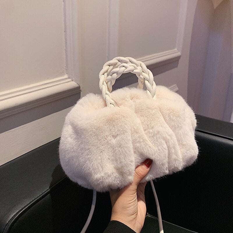LEFTSIDE Faux Fur Totes with Woven Handle 2021 Winter New High-quality Soft Plush Women's Designer Handbag Travel Shoulder Bag