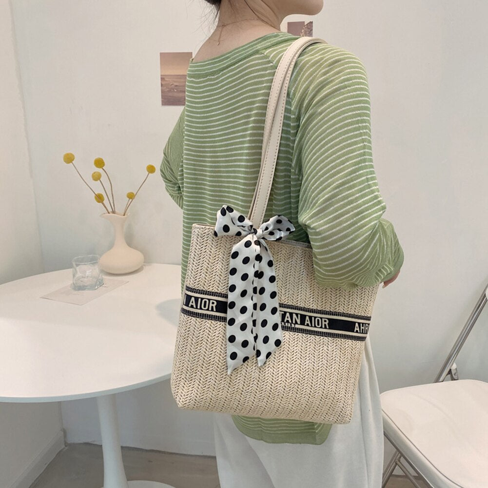 Fashion Woven Shopping Bag Women Summer Letters Printing Silk Scarf Shoulder Bags Ladies Beach Vacation Large Capacity Handbags