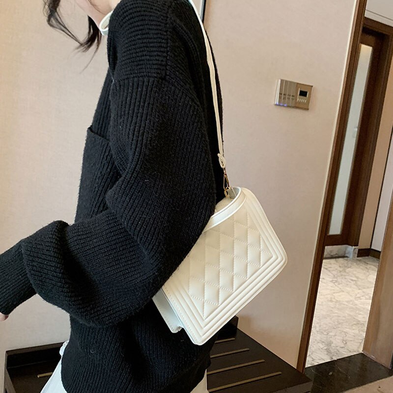 High Quality Grid Pu Leather Shoulder Bag Women Designer Pure Color Female Bag Winter Fashion Crosssbody Bag