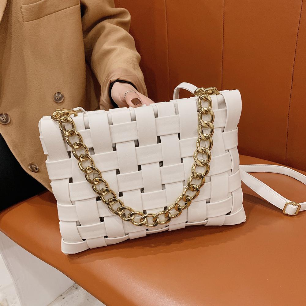 Weave Design  PU Leather Crossbody Bags For Women 2020 Luxury Solid Color Shoulder Handbags Chain Cross Body Bag