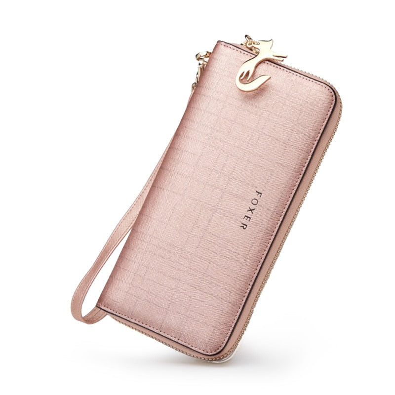FOXER Women Cow Leather Long Wallet Valentine's Day Gift Fashion Lady Wristband Clutch Purse Cellphone bag Female Card Holder