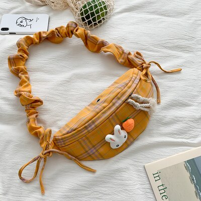 Fashion casual Women's waist bag canvas lattice women bag Wild Simple Fresh and lovely female fanny pack yellow