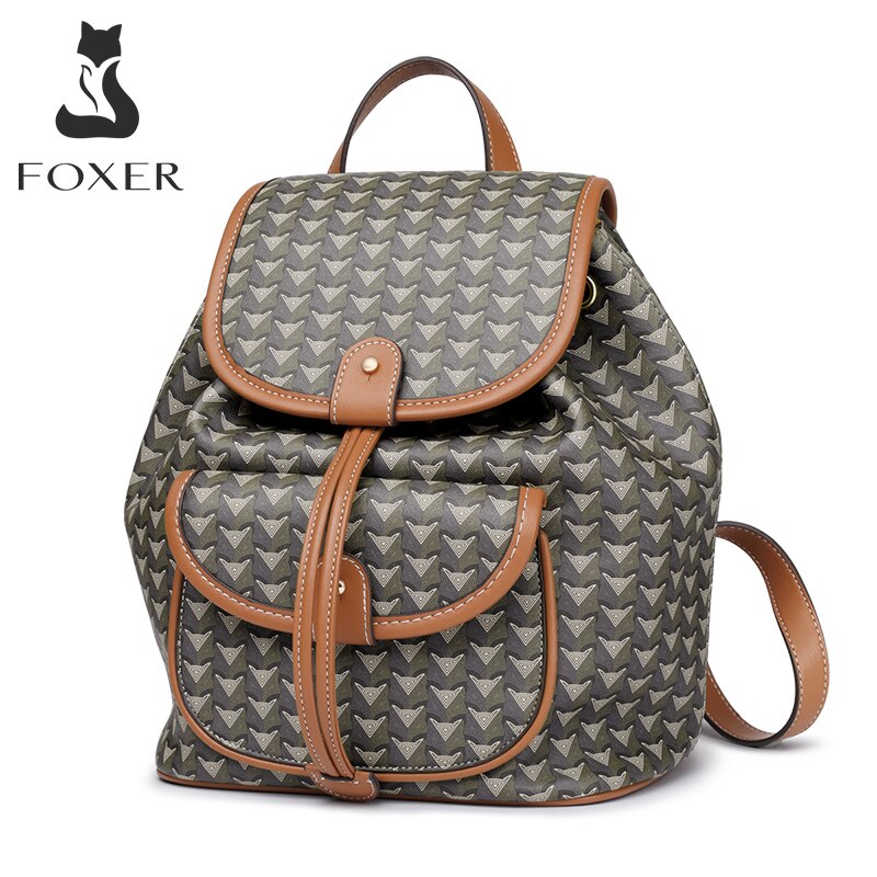 FOXER Fashion LOGO Backpack PVC Leather Bookbag Women Large Capacity Travel Rucksack Vintage Ladies Drawstring Satchel Daypack