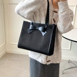 Christmas Gift Large Black Women's Bag 2021 New Luxury Soft Leather Shoulder Bag Simple Square Bow Female Tote Bags Casual Solid Color Handbags