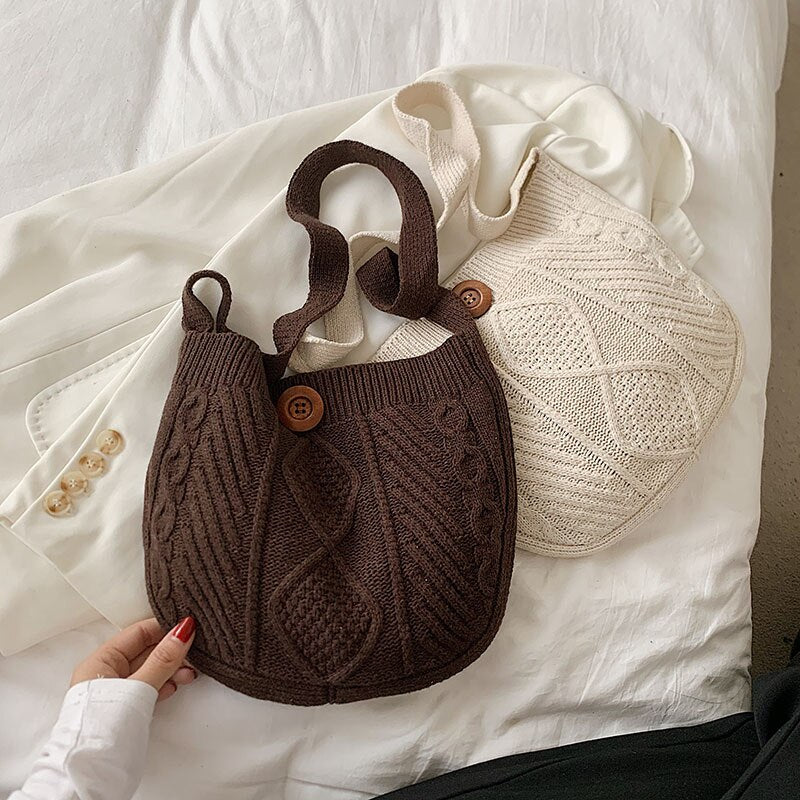 New Wool Knitted Shoulder Shopping Bag for Women Vintage Fashion Cotton Cloth Girls Tote Shopper Bag Large Female Handbag