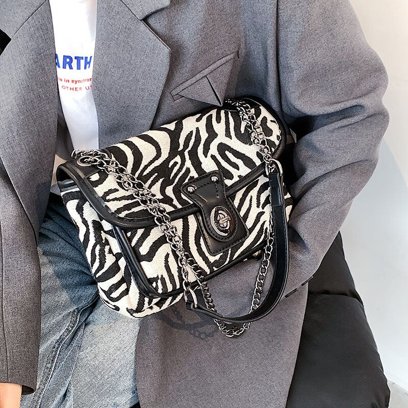Zebra Pattern Small PU Leather Crossbody Bags for Women 2021 Winter Chain Baguette Shoulder Handbags Female Travel Purses
