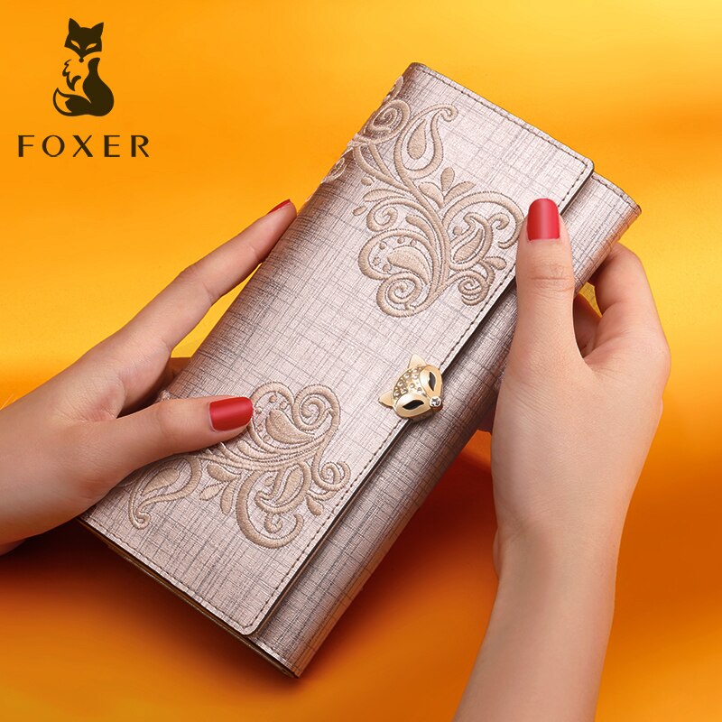 FOXER Women Fashion Cow Leather Long Wallet Lady Flower Pattern Phone Clutch Bag Card Holder Luxury Female Coin Purse Money Bag