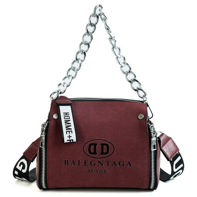 Scrub Leather Messenger Bag 2019 New Fashion Women Handbags Letter Wide Strap Chains Design Bucket Shoulder Bag Bolsa Feminina