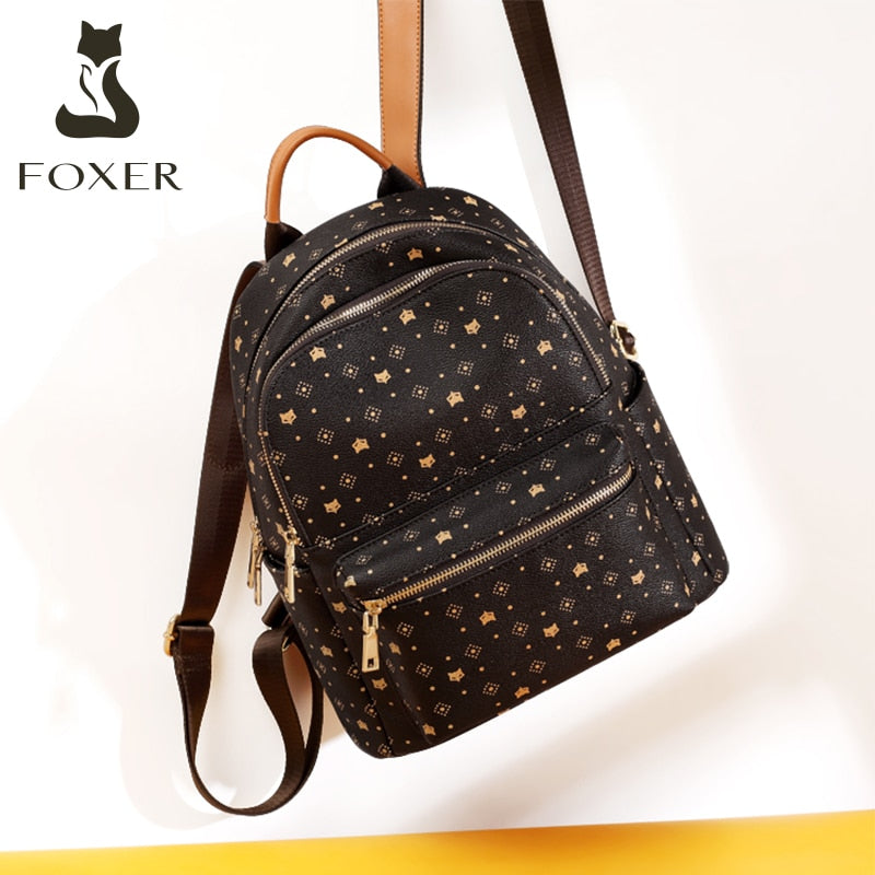FOXER Fashion Monogram Backpack Lady Vintage Pack Bag Women Travel Rucksack PVC Leather Female Large Capacity Satchel Bookbag