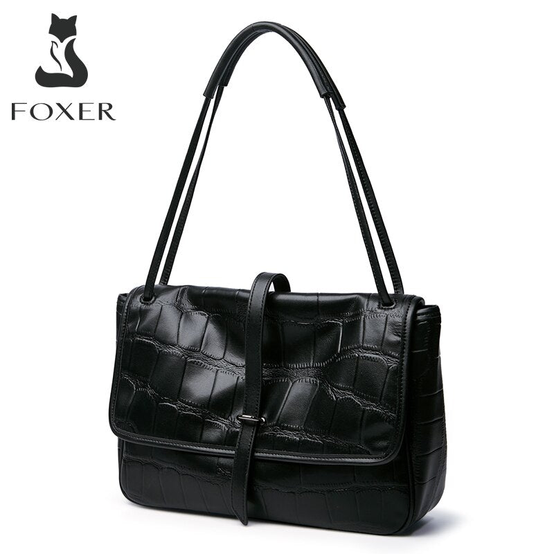 FOXER Autumn And Winter New Split Leather Shoulder Bag Soft Crocodile Pattern Underarm Bag Office Ladies Simple Commuter Handbag