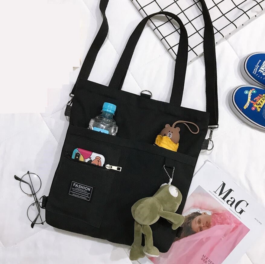 Christmas Gift Canvas Women Handbag Shoulder Bags Large Capacity Simple Folding Handbags Tote Shopping Bag with Frog Pendant Book Bags for Girl