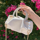 Christmas Gift Pleated Small Totes With Woven Handle 2021 Summer New PU Leather Women's Designer Handbag Pearl Chain Shoulder Messenger Bag