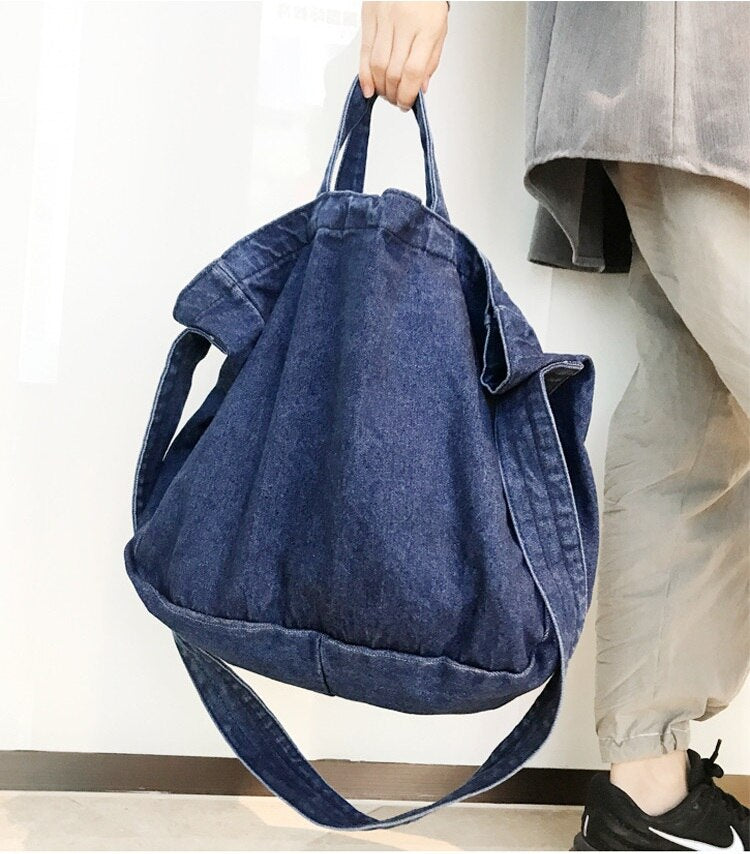 Vvsha Casual women denim handbag Big capacity high quality canvas shoulder bag simple denim messenger bag shopper tote bag blue