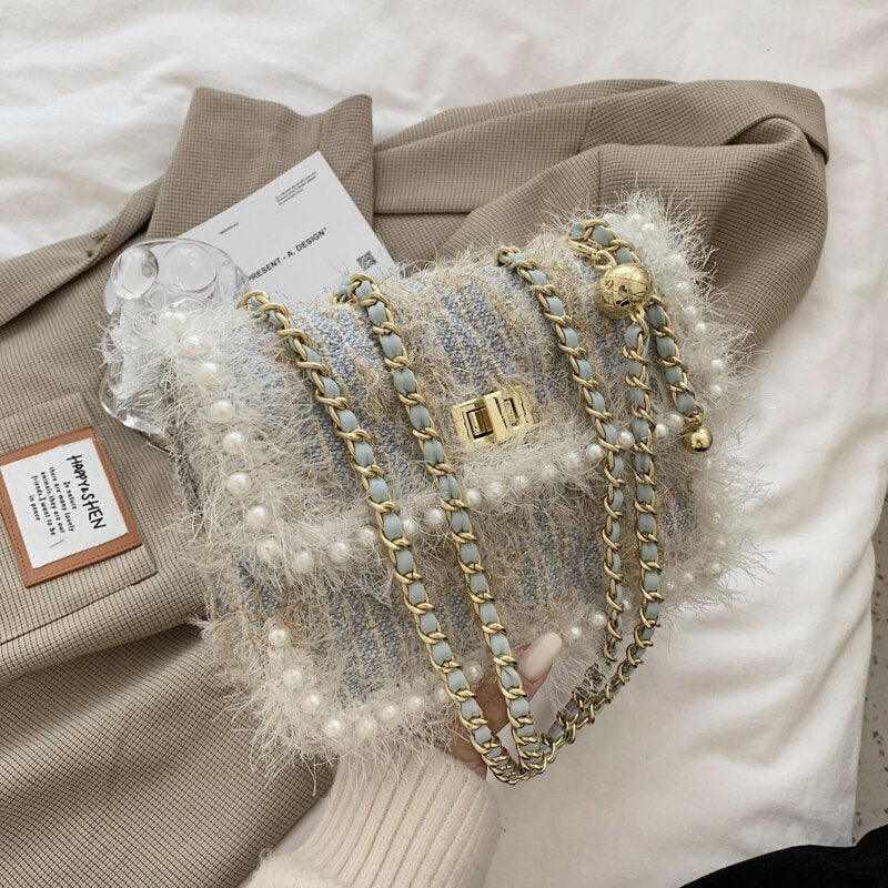 FANTASY Cotton Linen Luxury Messenger Shoulder Bags For Gentlewoman Pearl Plush Handbags Lady 2020 Winter Newest Fashion Design