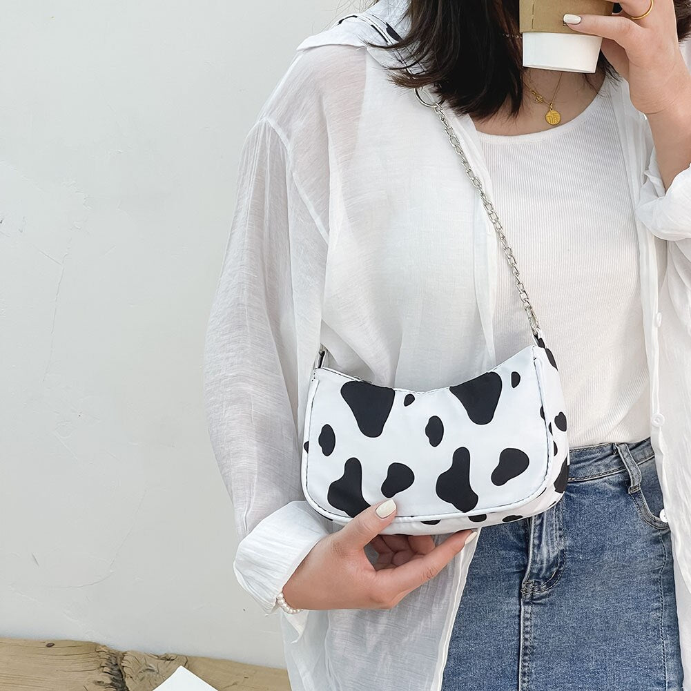 Fashion Women Nylon Cow Pattern Shoulder Bags Printing Youth Ladies Vintage Chian Underarm Bags Small Purse Handbags Totes 2021