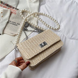 Christmas Gift Small Straw Flap Crossbody bag 2021 Summer New Fashion Women's Designer Travel Handbag Pearl strap Shoulder Beach Purses