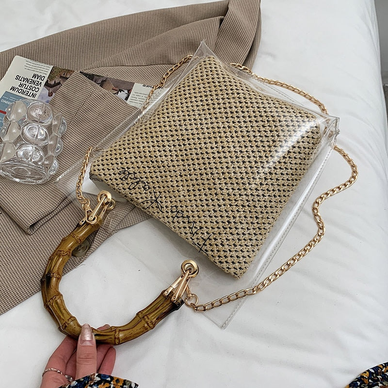 Christmas Gift Bamboo Knot Design Handle Transparent Rattan  Straw Crossbody Bags For Women 2021 Summer Fashion Chain Shoulder Handbags Totes