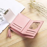 New Women Wallets PU Fashion Clutch Bag Tassel Pendant Short Women Wallet Solid Color Leaf Purse 2021