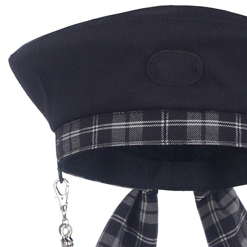 Christmas Gift [EAM] Women Black Removable Chain Vintage Plaid Bow Fishermen Hat New Round Dome Temperament Fashion Tide All-match 18A3604