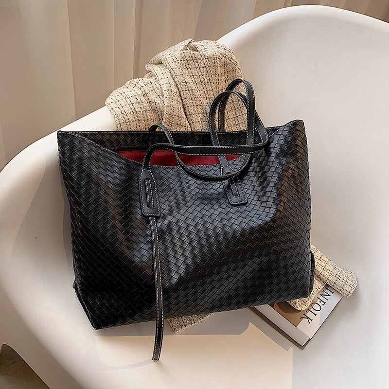 Christmas Gift Designer Weave PU Leather Shoulder Bags for Women 2021 High Capacity Big Handbags Travel Luxury Large Shopper Shopping Purses