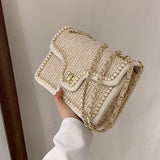 Christmas Gift Weave Square Crossbody bag 2021 Summer New High-quality Straw Women's Designer Handbag Pearl Chain Shoulder Messenger Bag Purses