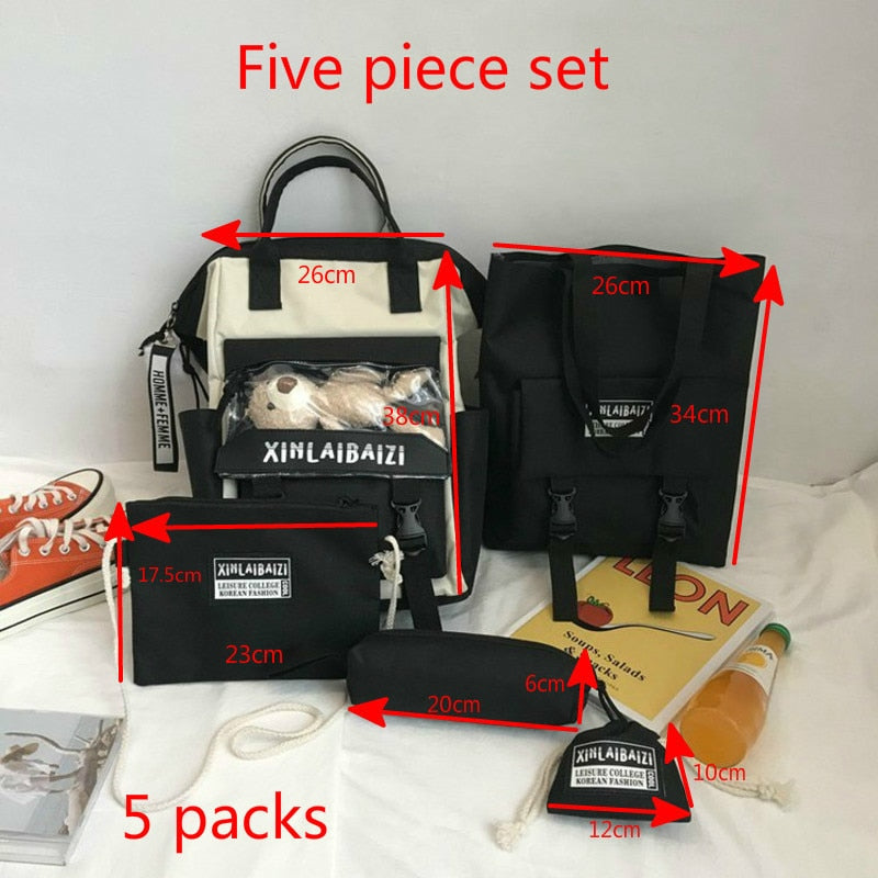 5 Piece Set High School Backpack Bags For Teenage Girls Canvas Laptop Backpack School Bag Travel Backpack Women Bookbags