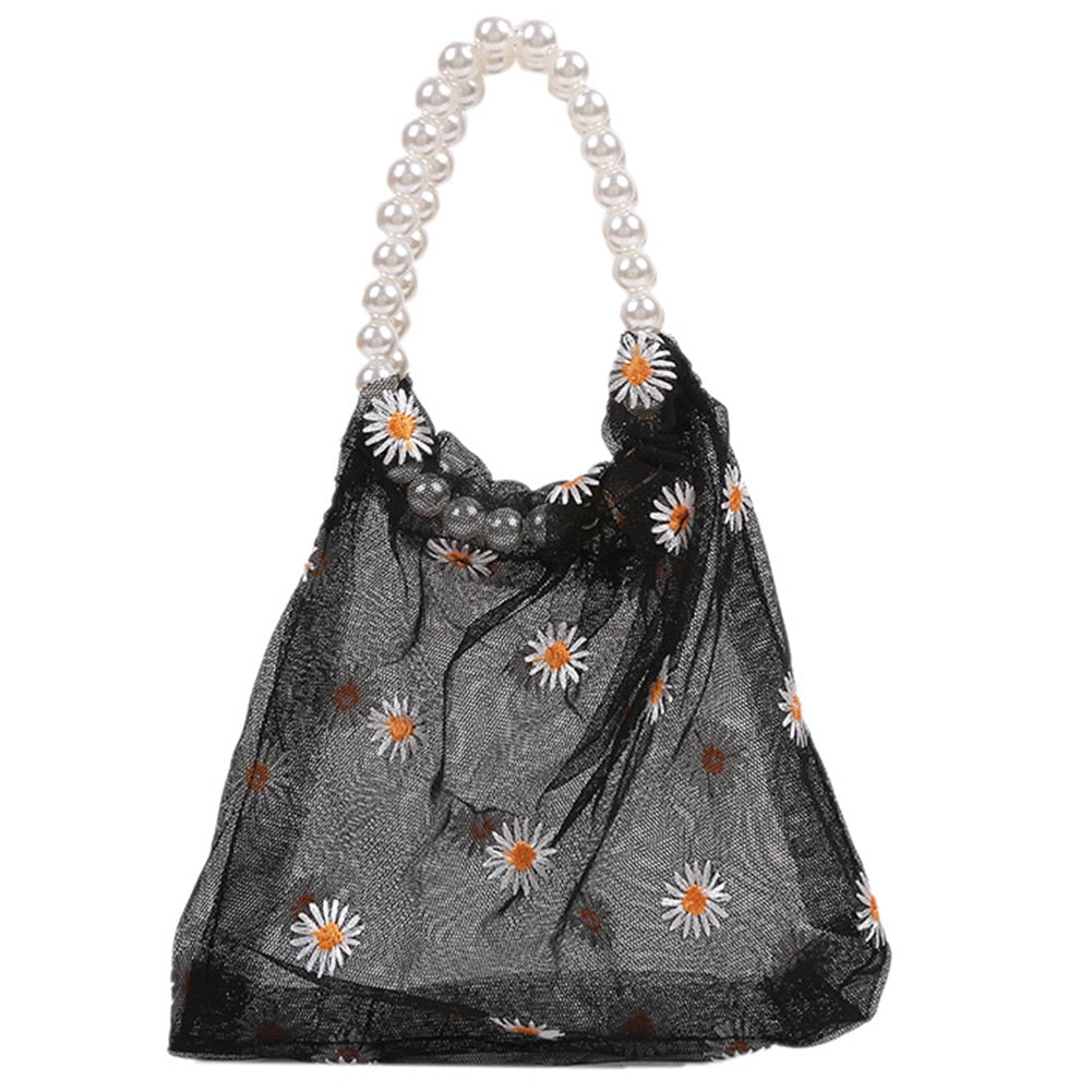 Fashion Women Daisy Embroidery Pearl Chain Mini Shoulder Bags Casual All-match Ladies Small Purse Top-handle Handbags