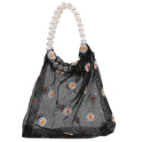 Fashion Women Daisy Embroidery Pearl Chain Mini Shoulder Bags Casual All-match Ladies Small Purse Top-handle Handbags