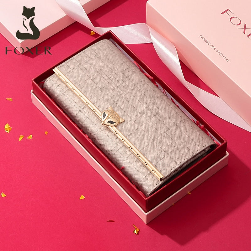 FOXER Women Fashion Valentine's Day Gift Wallet Female Cowhide Clutch Bag Card Holder Lady Luxury Coin Purse Chic Evening Bags