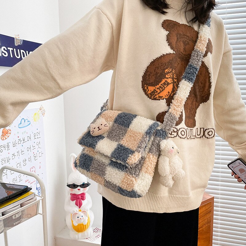 Christmas Gift Japanese Faux Fur Plaid Crossbody Bags for Women Candy Cute Winter Female Shoulder Bag Furry Plush Girls Purses and Handbags New