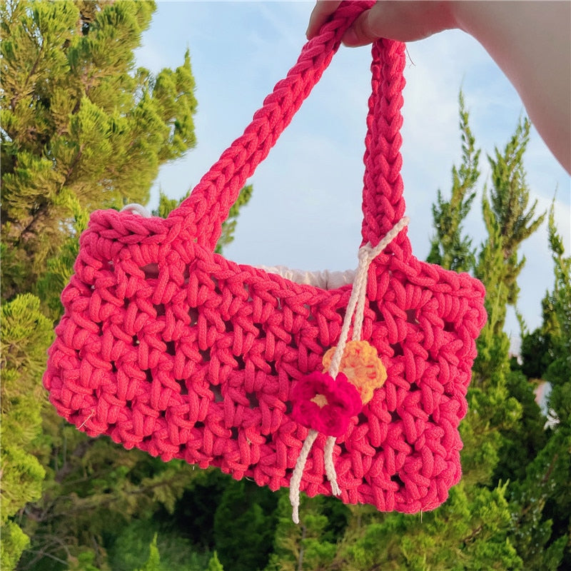 Christmas Gift Candy Hollow Woven Handbags for Women Flower Crochet Hand-woven Ladies Shoulder Bag Floral Casual Weekender Knitted Purses 2021