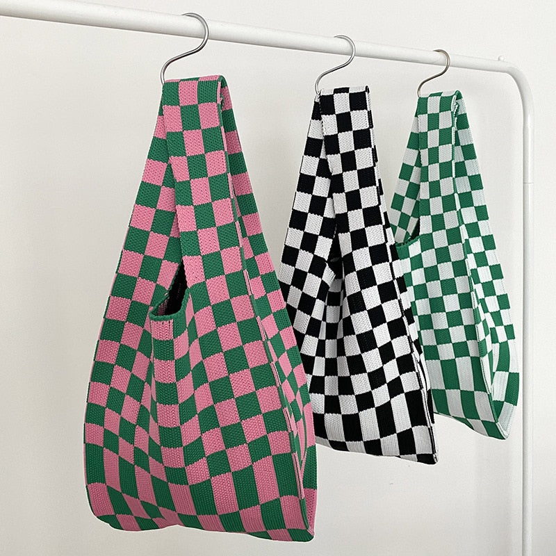 Christmas Gift Knitting Fabric Women Handbag Chequer Chess Design Eco Small Shopping Bag Decoration Purses Woolen Plaid Cloth Tote For Ladies
