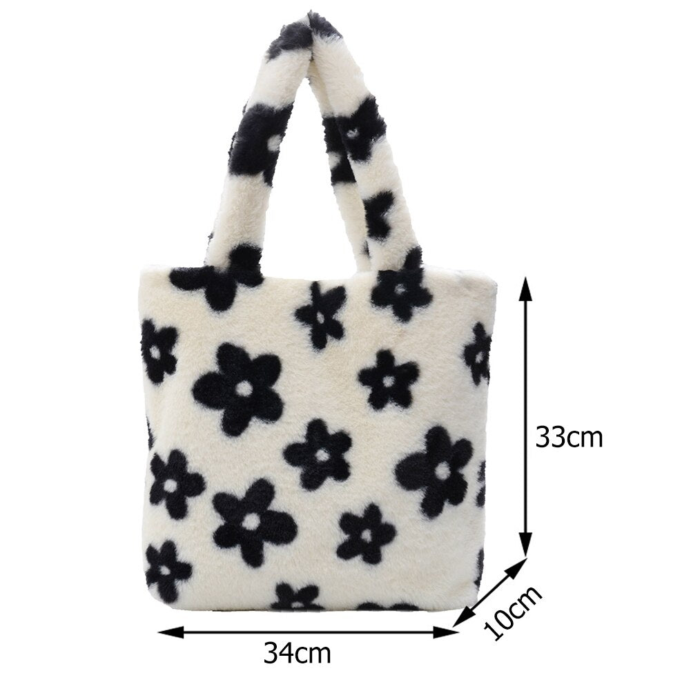 Casual Flower Printed Shoulder Underarm Bag Autumn Women Plush Soft Fluffy Handbag Street Travel Big Capacity Top-handle Handbag