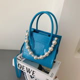 Vvsha Square Crocodile Pattern Big Handbags For Women Pearl Chain 2022 Summer Newest Brand Luxury Blue Messenger Shoulder Bag