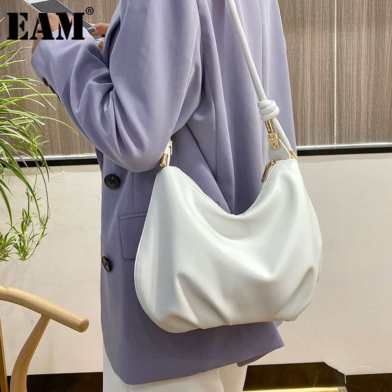 Christmas Gift [EAM] Women New white Brief Tie Pleated PU Leather Flap Personality All-match Crossbody Shoulder Bag Fashion Tide 2021 18A0067
