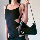 Graduation Gift Vintage Women Black Patent Leather Shoulder Bag Fashion Design Ladies Underarm Bag Retro Y2k Cool Girls Small Purse Handbags
