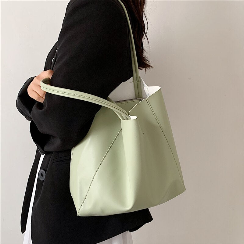 Christmas Gift Burminsa Simple Large Tote Bags For Women Solid Color Shopper Female Shoulder Bags PU Leather Work Ladies Handbags Summer 2021