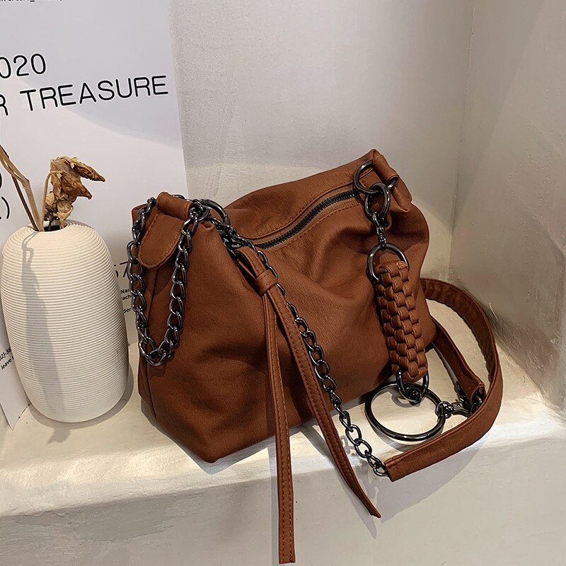 Vintage Braiding women Simple Shoulder Bag PU Leather chain hobos messenger Bag 2021 new Designer ladies Handbags bolsas brown