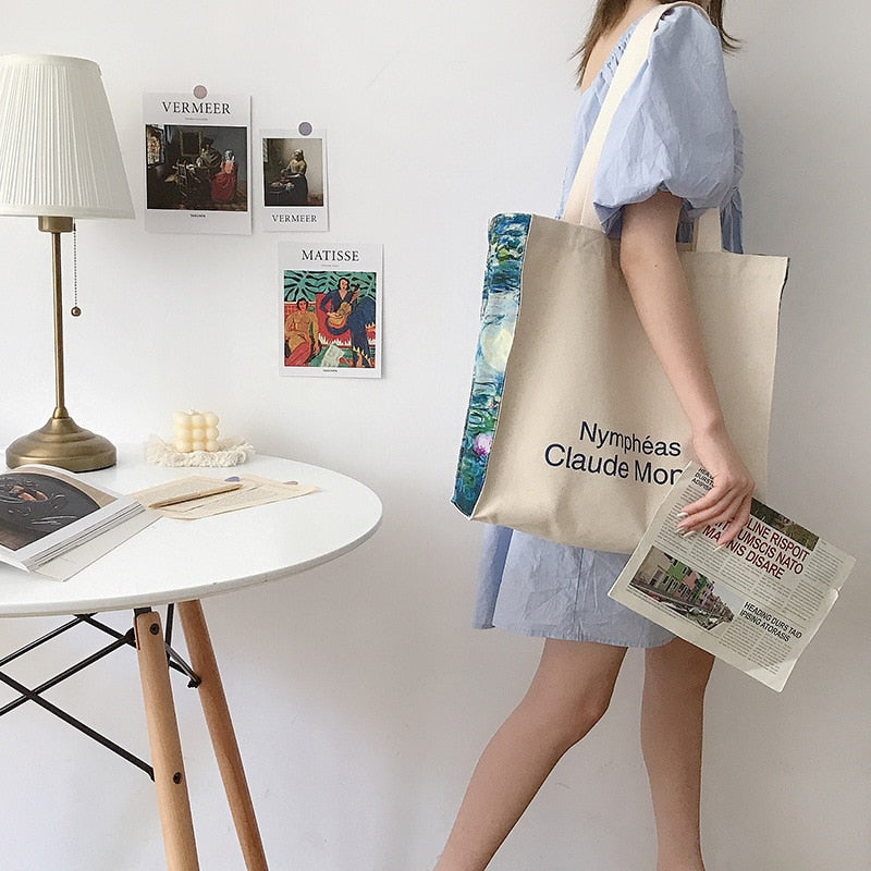 Christmas Gift Women Canvas Shoulder Bag Love Philosophy Daily Shopping Bags Oil Painting Books Bag Thick Cotton Cloth Handbags Tote For Ladies