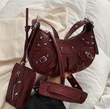 Christmas Gift 2 bag Half Moon Armpit Bag 2021 Winter New High-quality PU Leather Women's Designer Handbag Vintage Rivet Shoulder Messenger Bag
