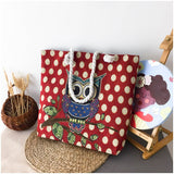 Women Canvas Casual Shoulder Bags Female Embroider Cartoon Owl Handbag High Quality Ladies Large Capacity Shopping Bag Shoulder