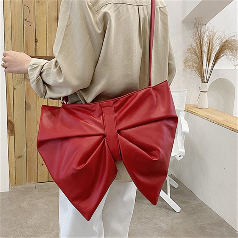 Christmas Gift New Soft PU Leather Bow Shape Women Crossbody Bags Vintage Pure Color Big Handbags Shoppers Trendy Elegant Shoulder Bag Bolsos