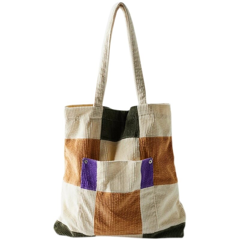 Christmas Gift Korean Plaid Patchwork Casual Tote for Women Japanese Canvas Shopper Female Handbags Back to Work Weekend Ladies Shoulder Bag