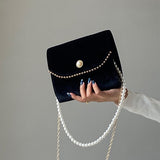 Retro Elegant Women's Luxury Handbag with Pearl Chain Black Suede Small Shoulder Messenger Bag Wedding Party Purse ZD1877