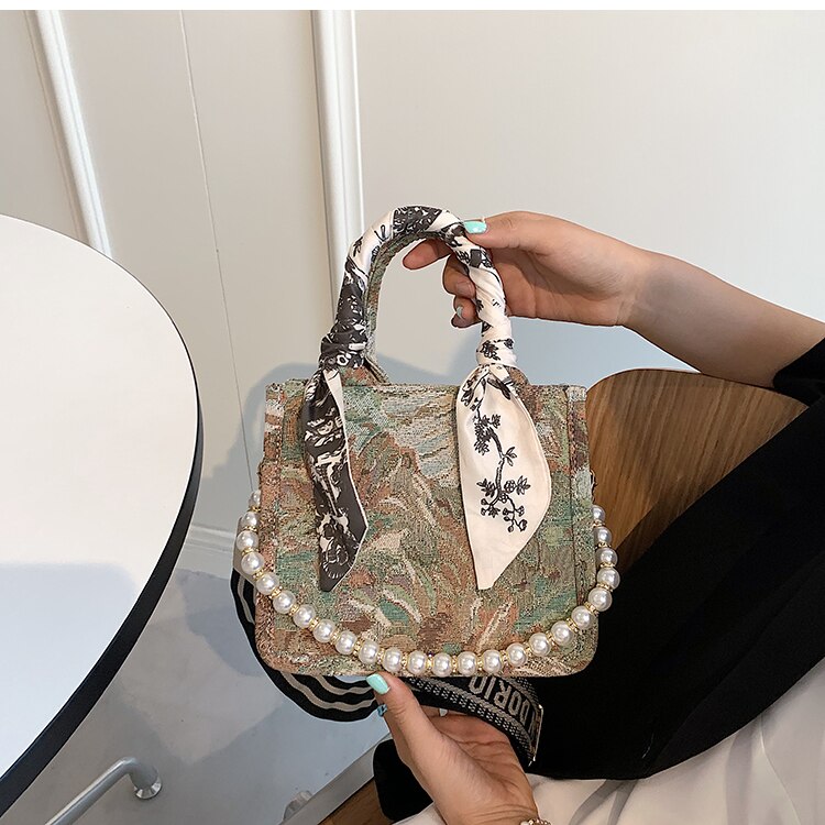 Christmas Gift Brand Designer Beading Handbags for Women Silk Scarf Shopper Ladies Tote Fashion Luxury Weekender Female Shoulder Bag Pearl 2021